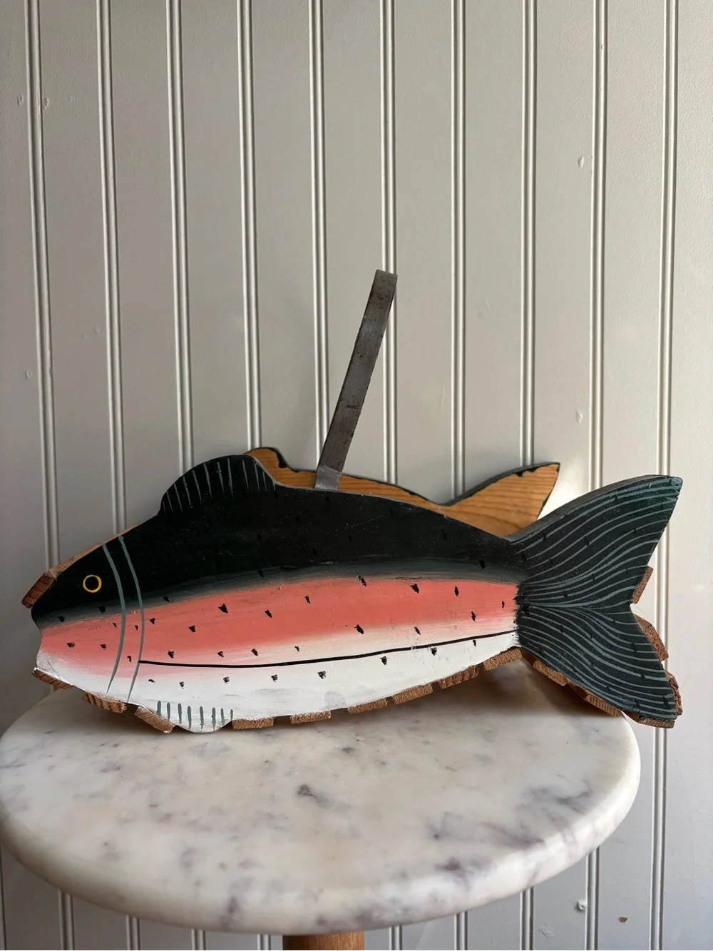 Vintage Handmade Trout Fish Wooden Basket Green & Brown VTG Cabincore Grandpa